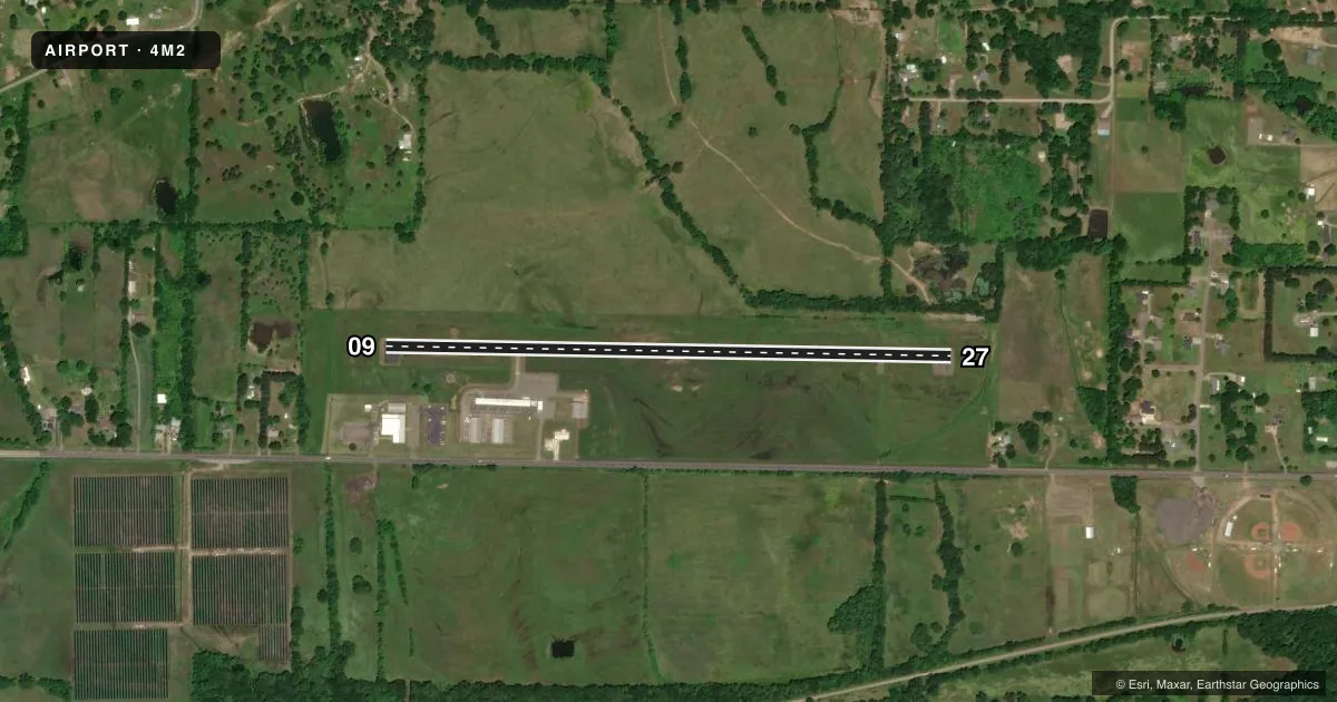 Top-down satellite sketch of 4M2 BOONEVILLE MUNI in BOONEVILLE, ARKANSAS, showing runways 09/27 drawn to scale over Esri World Imagery