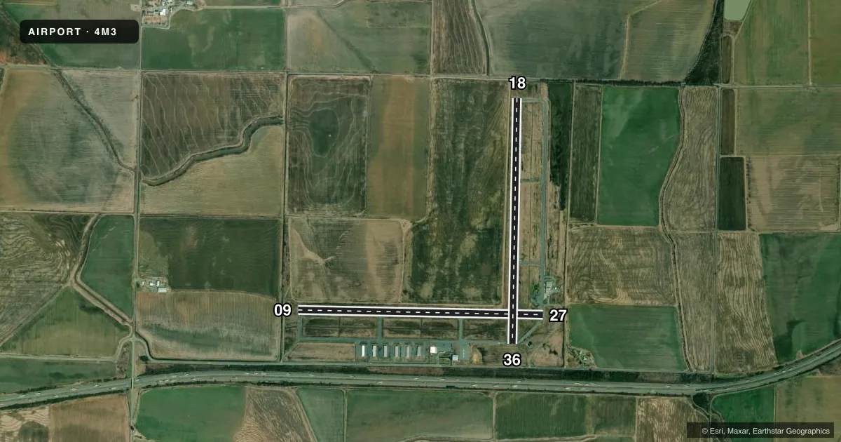 Top-down satellite sketch of 4M3 CARLISLE MUNI in CARLISLE, ARKANSAS, showing runways 09/27, 18/36 drawn to scale over Esri World Imagery