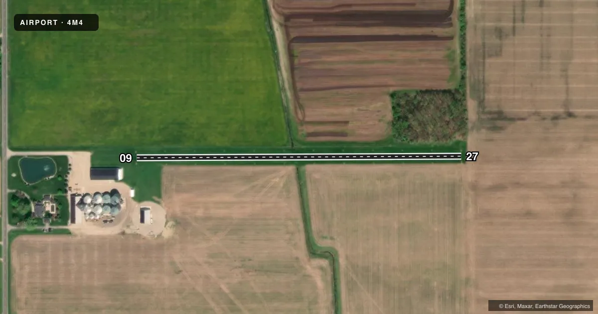 Top-down satellite sketch of 4M4 SHADY LAWN FLD in BANNISTER, MICHIGAN, showing runways 09/27 drawn to scale over Esri World Imagery