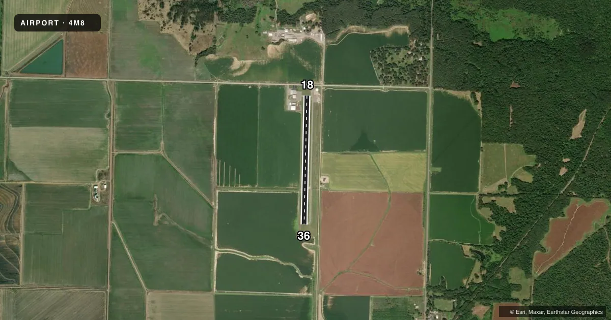 Top-down satellite sketch of 4M8 CLARENDON MUNI in CLARENDON, ARKANSAS, showing runways 18/36 drawn to scale over Esri World Imagery