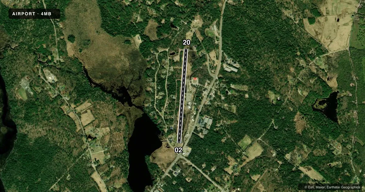 Top-down satellite sketch of 4MB MOULTONBOROUGH in MOULTONBOROUGH, NEW HAMPSHIRE, showing runways 02/20 drawn to scale over Esri World Imagery