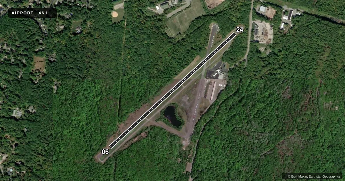 Top-down satellite sketch of 4N1 GREENWOOD LAKE in WEST MILFORD, NEW JERSEY, showing runways 06/24 drawn to scale over Esri World Imagery