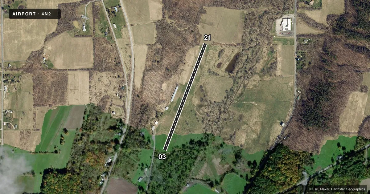 Top-down satellite sketch of 4N2 MIDDLESEX VALLEY in MIDDLESEX, NEW YORK, showing runways 03/21 drawn to scale over Esri World Imagery