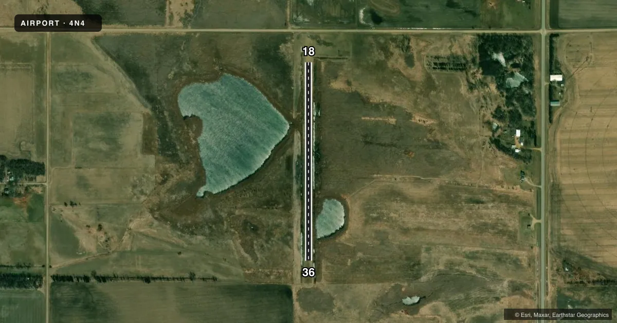 Top-down satellite sketch of 4N4 LIDGERWOOD MUNI in LIDGERWOOD, NORTH DAKOTA, showing runways 18/36 drawn to scale over Esri World Imagery