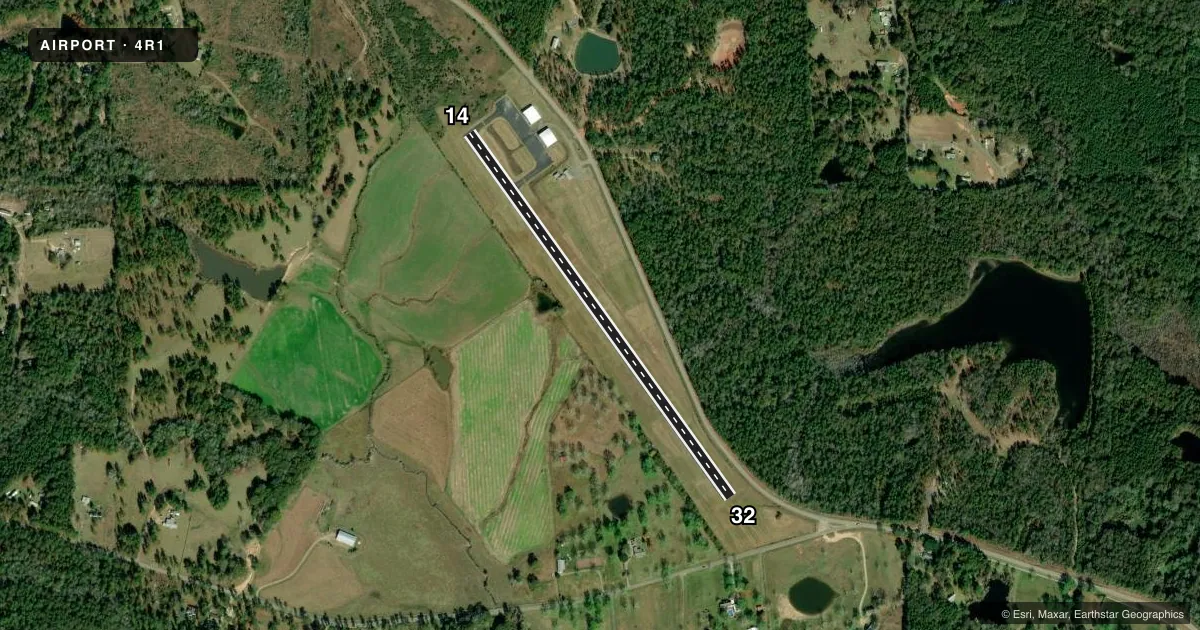Top-down satellite sketch of 4R1 I H BASS JR MEML in LUMBERTON, MISSISSIPPI, showing runways 14/32 drawn to scale over Esri World Imagery