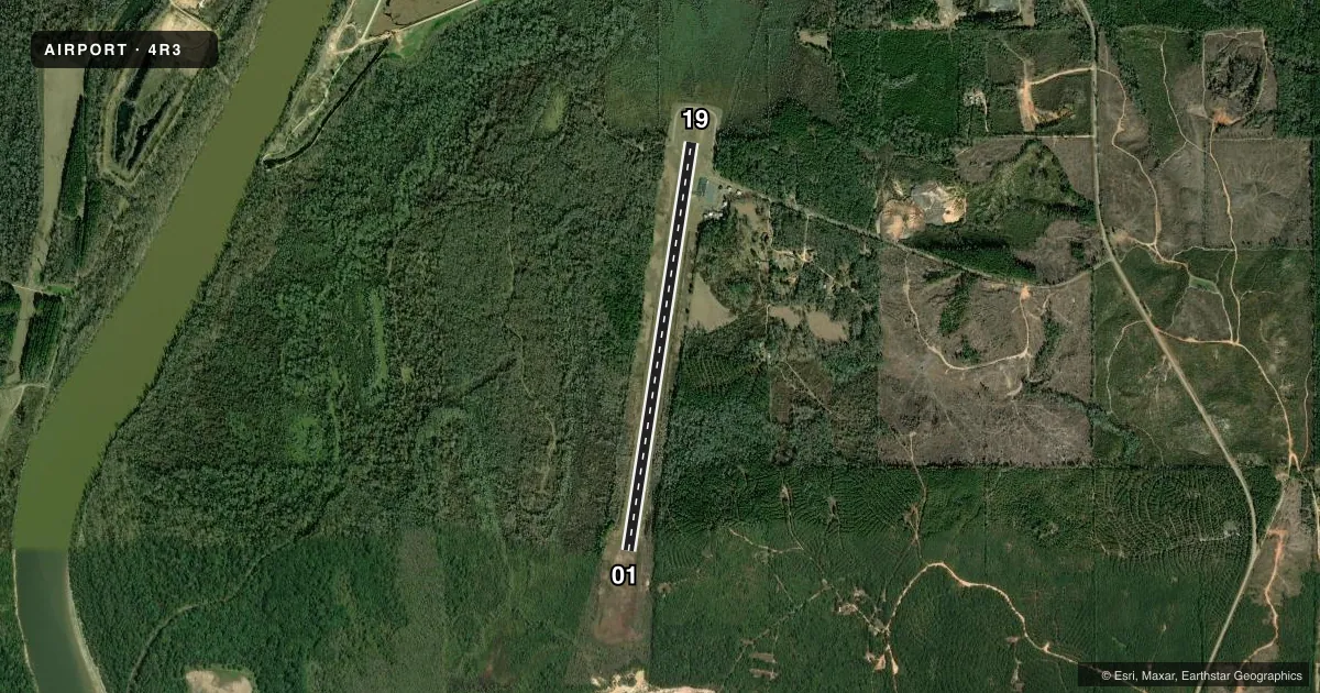 Top-down satellite sketch of 4R3 JACKSON MUNI in JACKSON, ALABAMA, showing runways 01/19 drawn to scale over Esri World Imagery