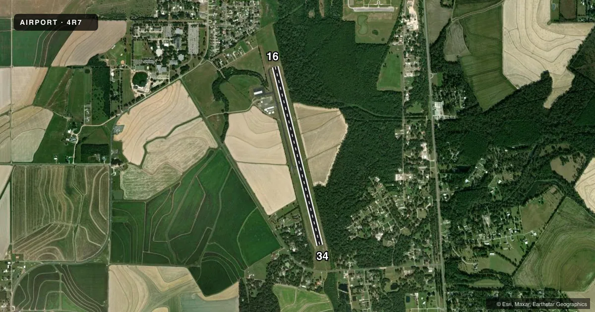 Top-down satellite sketch of 4R7 EUNICE in EUNICE, LOUISIANA, showing runways 16/34 drawn to scale over Esri World Imagery