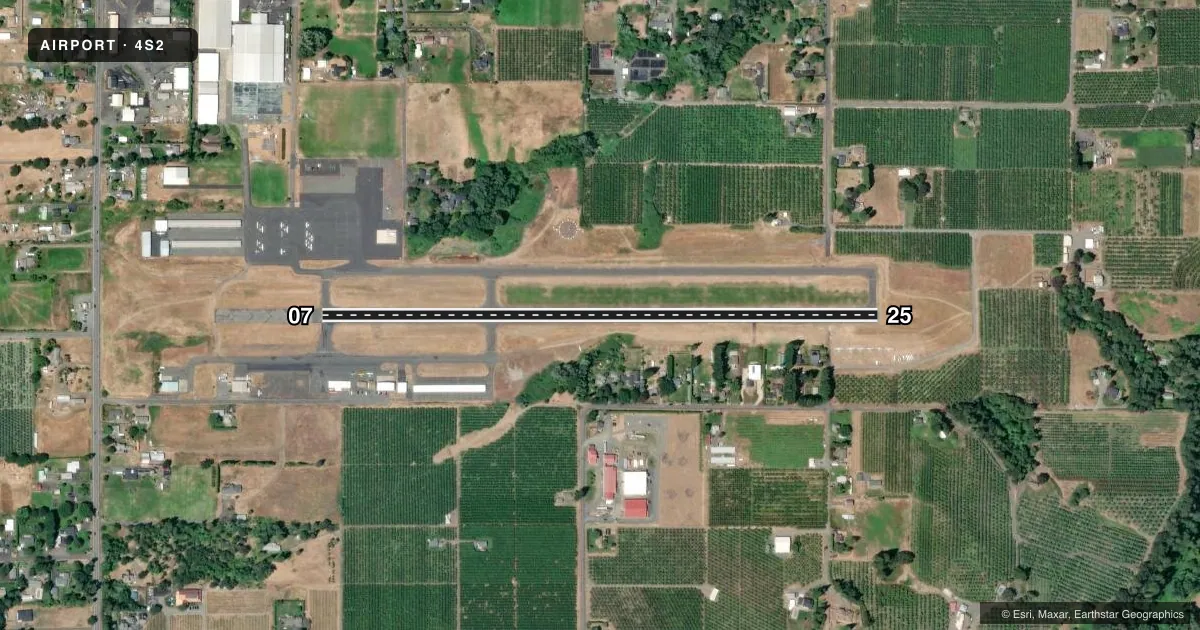 Top-down satellite sketch of 4S2 KEN JERNSTEDT AIRFIELD in HOOD RIVER, OREGON, showing runways 07/25 drawn to scale over Esri World Imagery