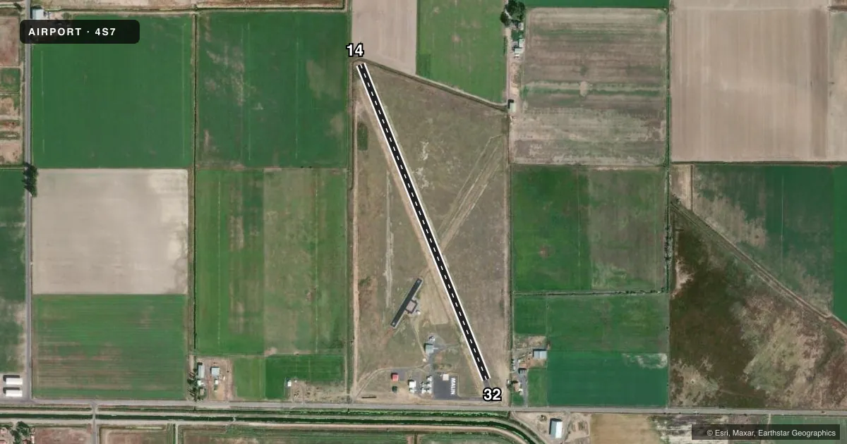 Top-down satellite sketch of 4S7 MALIN in MALIN, OREGON, showing runways 14/32 drawn to scale over Esri World Imagery