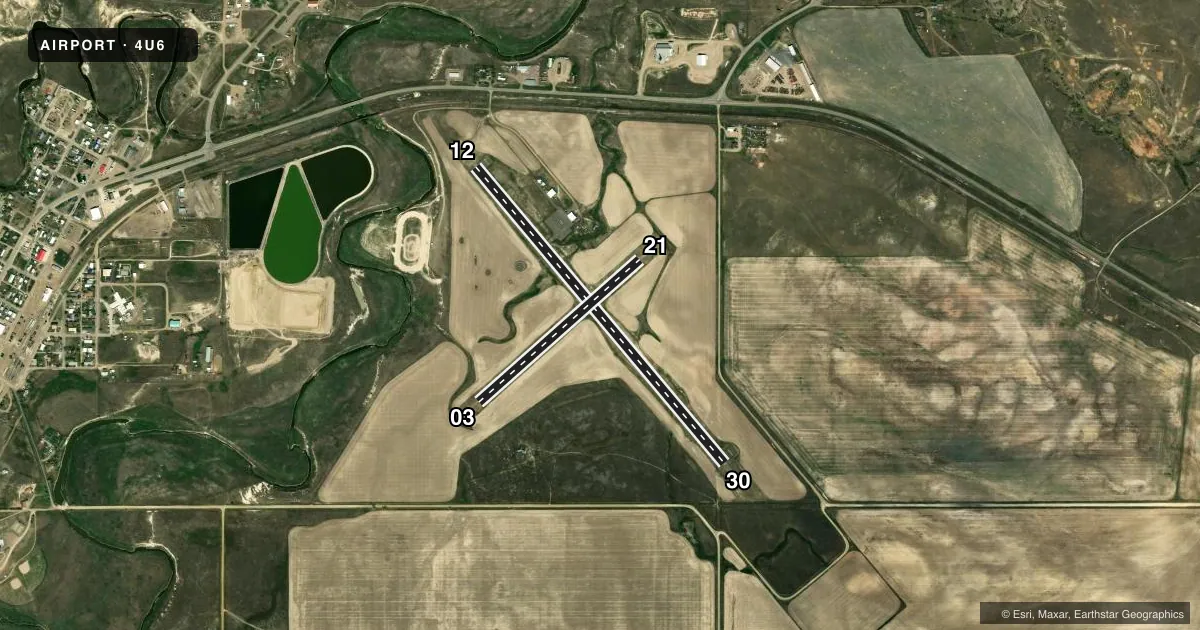 Top-down satellite sketch of 4U6 CIRCLE TOWN COUNTY in CIRCLE, MONTANA, showing runways 12/30, 03/21 drawn to scale over Esri World Imagery