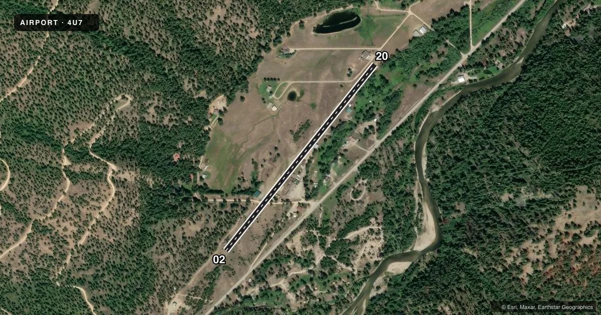 Top-down satellite sketch of 4U7 WEST FORK LODGE in CONNER, MONTANA, showing runways 02/20 drawn to scale over Esri World Imagery