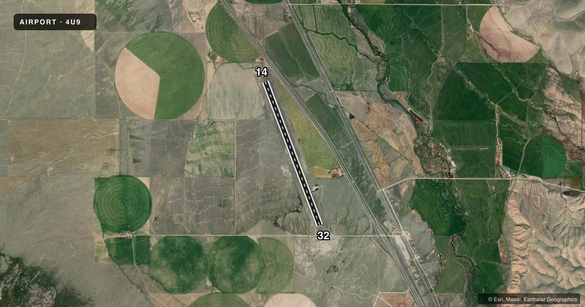 Top-down satellite sketch of 4U9 DELL FLIGHT STRIP in DELL, MONTANA, showing runways 14/32 drawn to scale over Esri World Imagery
