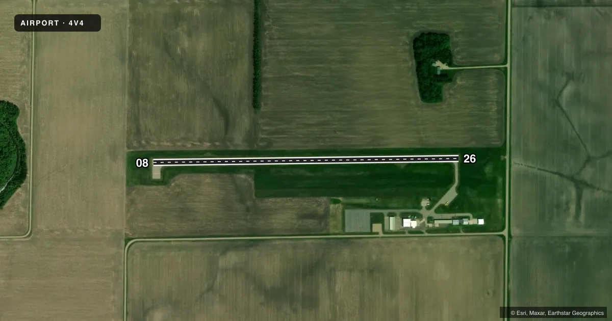 Top-down satellite sketch of 4V4 NORTHWOOD MUNI/VINCE FLD in NORTHWOOD, NORTH DAKOTA, showing runways 08/26 drawn to scale over Esri World Imagery