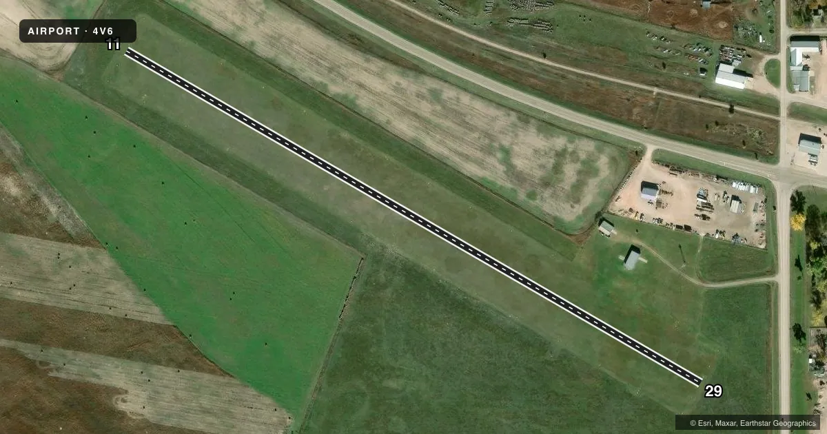 Top-down satellite sketch of 4V6 HAY SPRINGS MUNI in HAY SPRINGS, NEBRASKA, showing runways 11/29 drawn to scale over Esri World Imagery