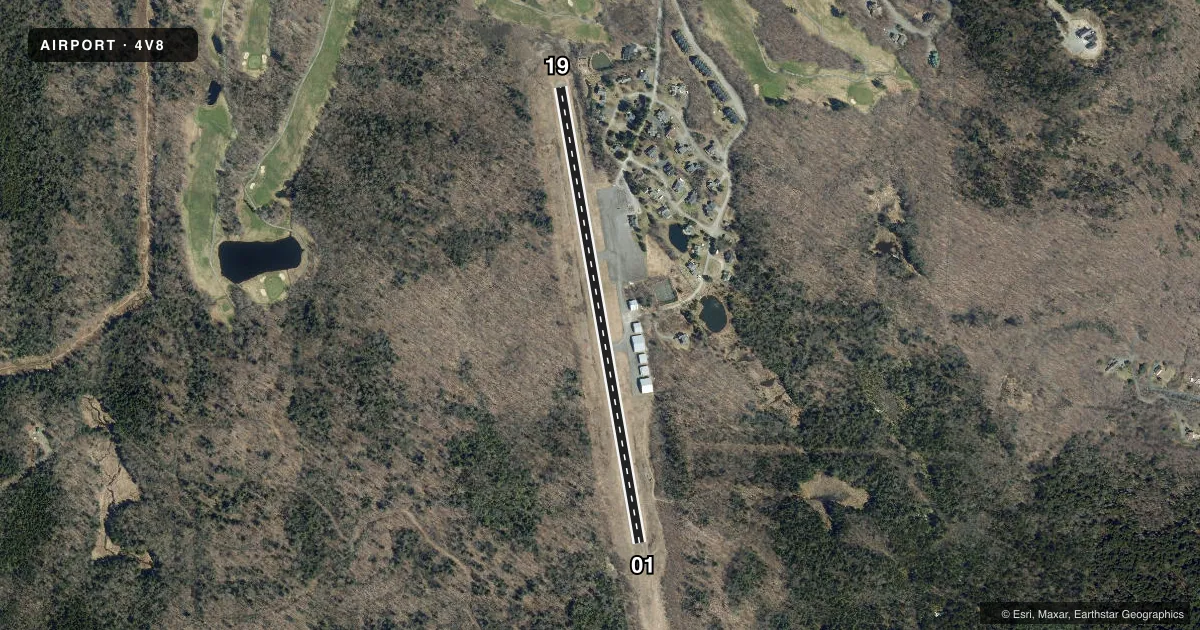 Top-down satellite sketch of 4V8 DEERFIELD VALLEY RGNL in WEST DOVER, VERMONT, showing runways 01/19 drawn to scale over Esri World Imagery