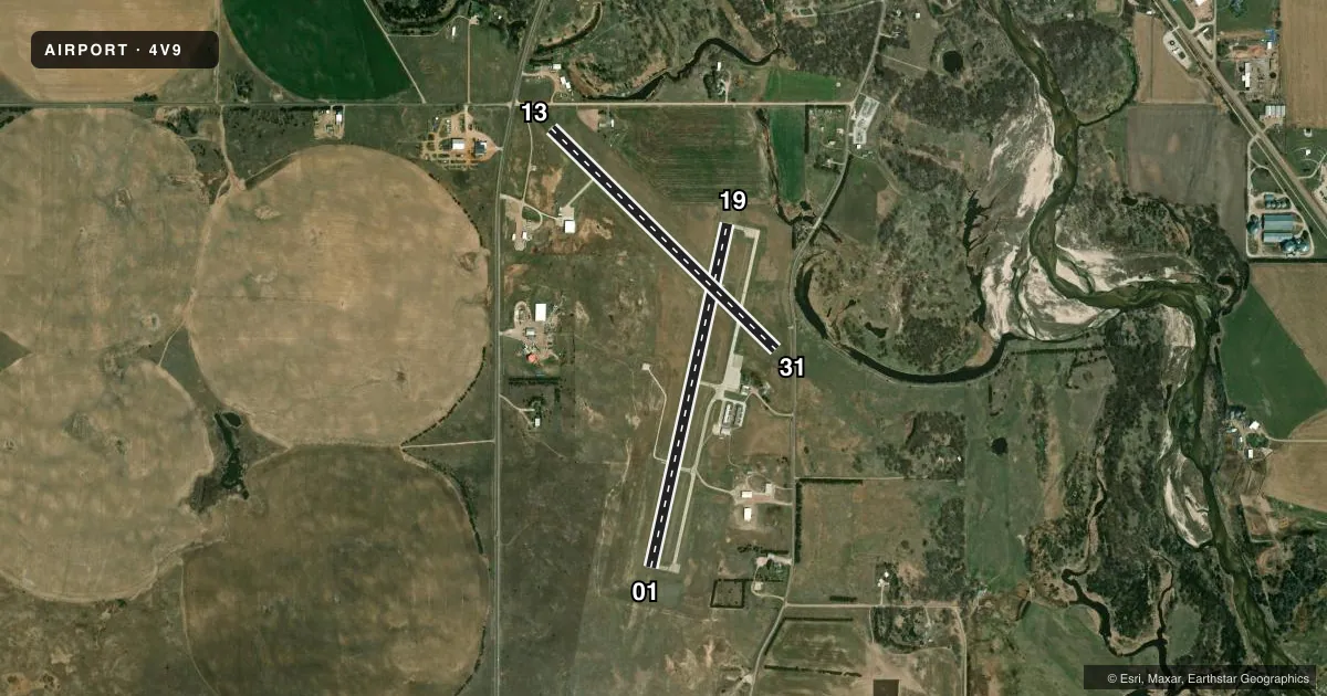 Top-down satellite sketch of 4V9 ANTELOPE COUNTY in NELIGH, NEBRASKA, showing runways 01/19, 13/31 drawn to scale over Esri World Imagery