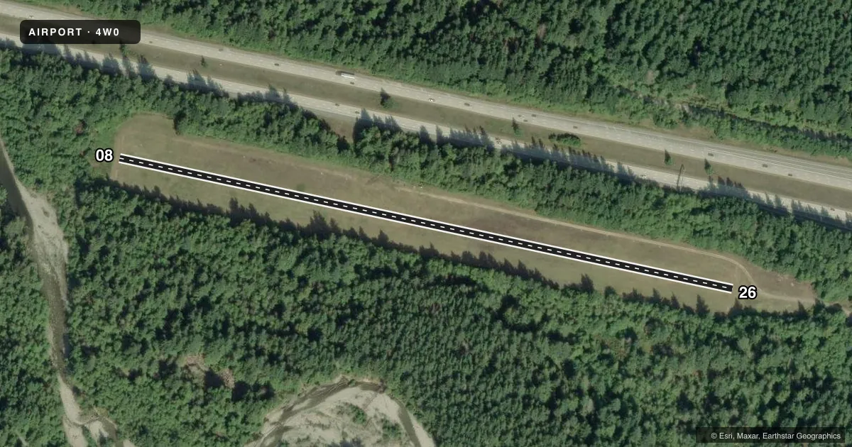 Top-down satellite sketch of 4W0 BANDERA STATE in BANDERA, WASHINGTON, showing runways 08/26 drawn to scale over Esri World Imagery