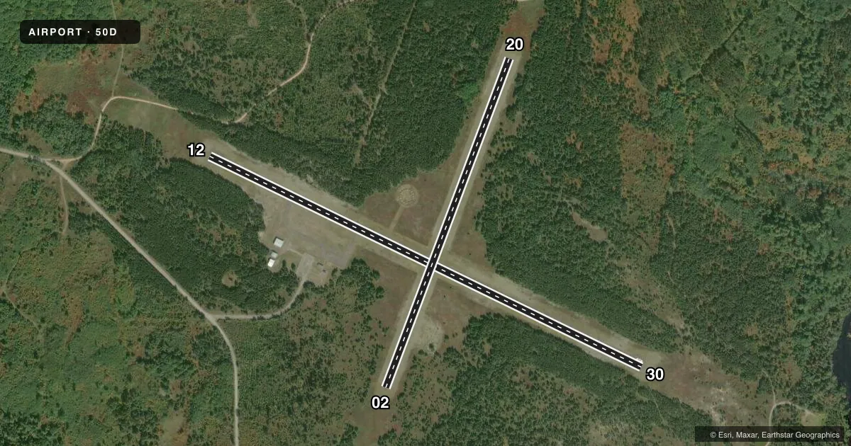 Top-down satellite sketch of 50D IRON COUNTY in CRYSTAL FALLS, MICHIGAN, showing runways 12/30, 02/20 drawn to scale over Esri World Imagery