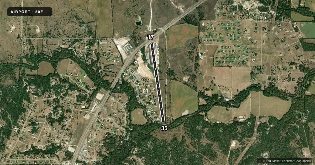 Top-down satellite sketch of 50F BOURLAND FLD in FORT WORTH, TEXAS, showing runways 17/35 drawn to scale over Esri World Imagery