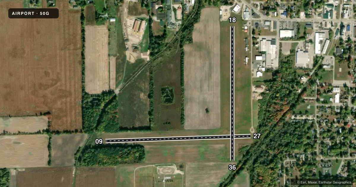 Top-down satellite sketch of 50G HOWARD NIXON MEML in CHESANING, MICHIGAN, showing runways 09/27, 18/36 drawn to scale over Esri World Imagery