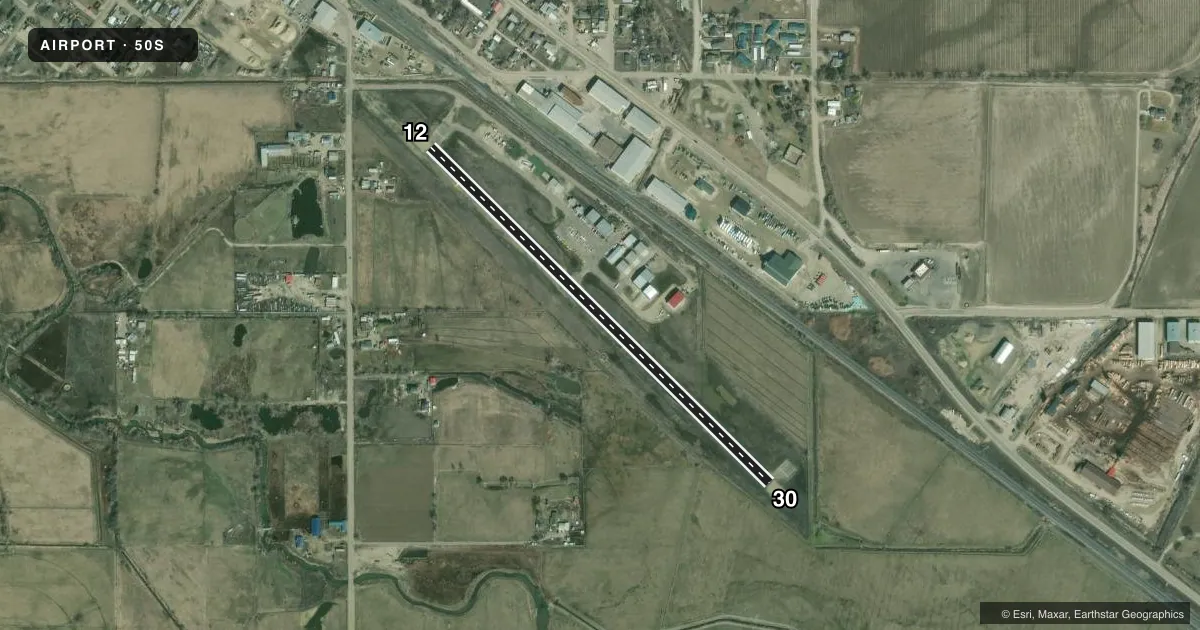 Top-down satellite sketch of 50S PARMA in PARMA, IDAHO, showing runways 12/30 drawn to scale over Esri World Imagery