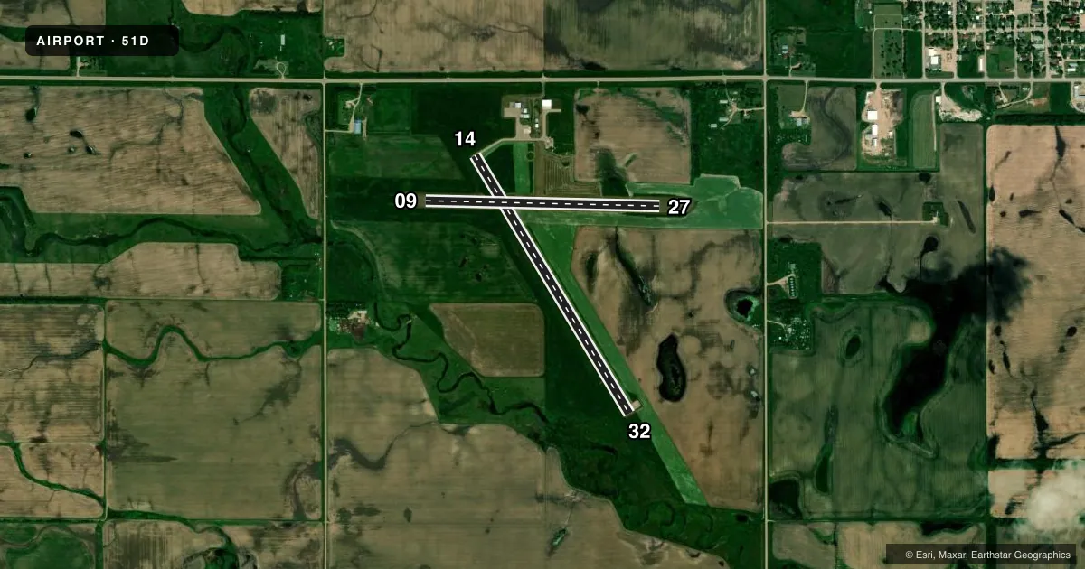Top-down satellite sketch of 51D EDGELEY MUNI in EDGELEY, NORTH DAKOTA, showing runways 14/32, 09/27 drawn to scale over Esri World Imagery