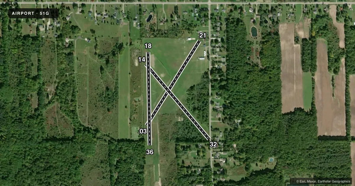 Top-down satellite sketch of 51G ALKAY in CLIO, MICHIGAN, showing runways 03/21, 14/32, 18/36 drawn to scale over Esri World Imagery