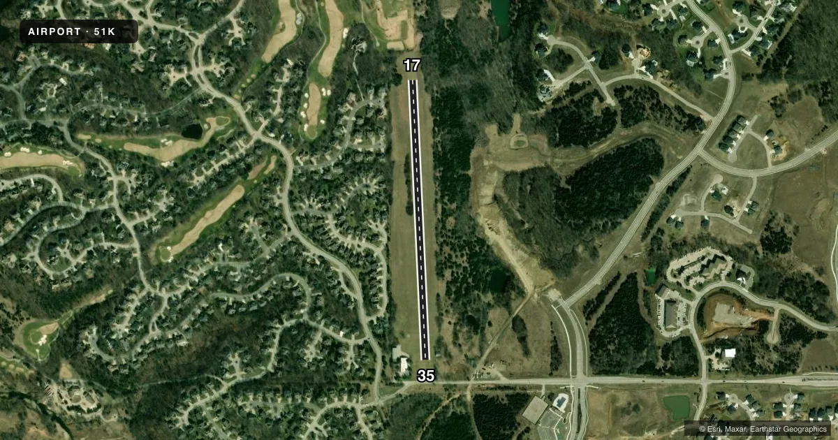 Top-down satellite sketch of 51K CEDAR AIR PARK in OLATHE, KANSAS, showing runways 17/35 drawn to scale over Esri World Imagery