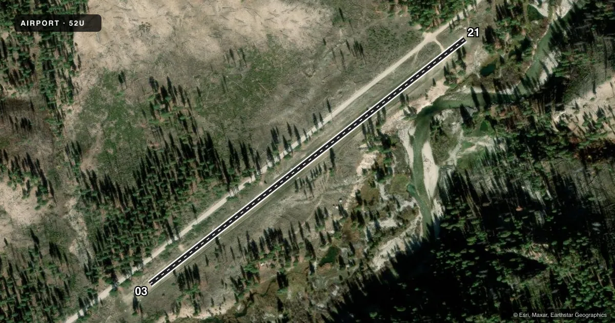 Top-down satellite sketch of 52U WEATHERBY USFS in ATLANTA, IDAHO, showing runways 03/21 drawn to scale over Esri World Imagery