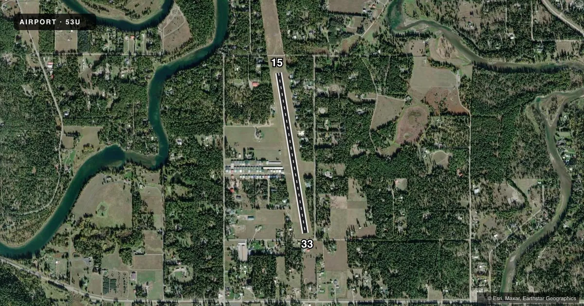 Top-down satellite sketch of 53U FERNDALE AIRFIELD in BIGFORK, MONTANA, showing runways 15/33 drawn to scale over Esri World Imagery