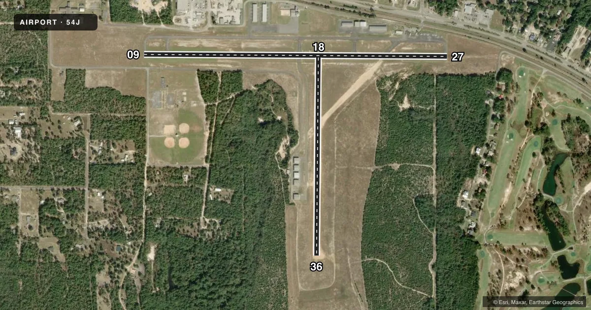 Top-down satellite sketch of 54J DEFUNIAK SPRINGS in DEFUNIAK SPRINGS, FLORIDA, showing runways 09/27, 18/36 drawn to scale over Esri World Imagery