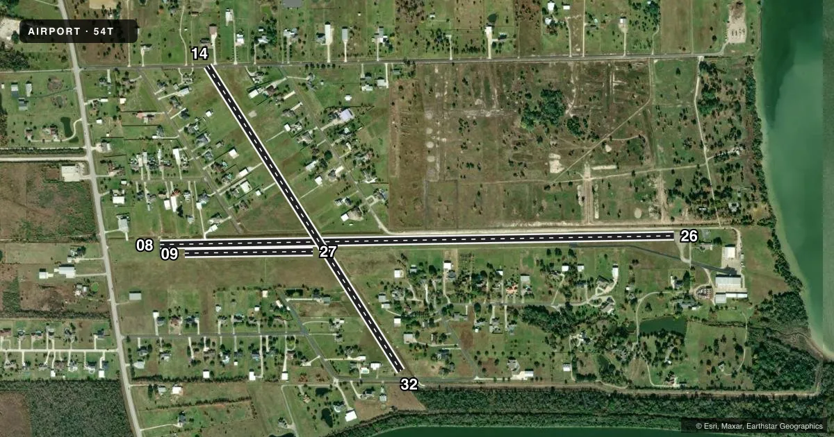Top-down satellite sketch of 54T RWJ AIRPARK in BAYTOWN, TEXAS, showing runways 08/26, 14/32, 09/27 drawn to scale over Esri World Imagery