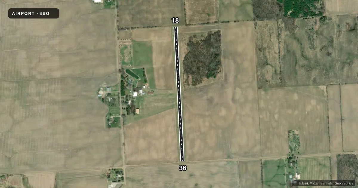 Top-down satellite sketch of 55G ARNOLD FLD in CROSWELL, MICHIGAN, showing runways 18/36 drawn to scale over Esri World Imagery