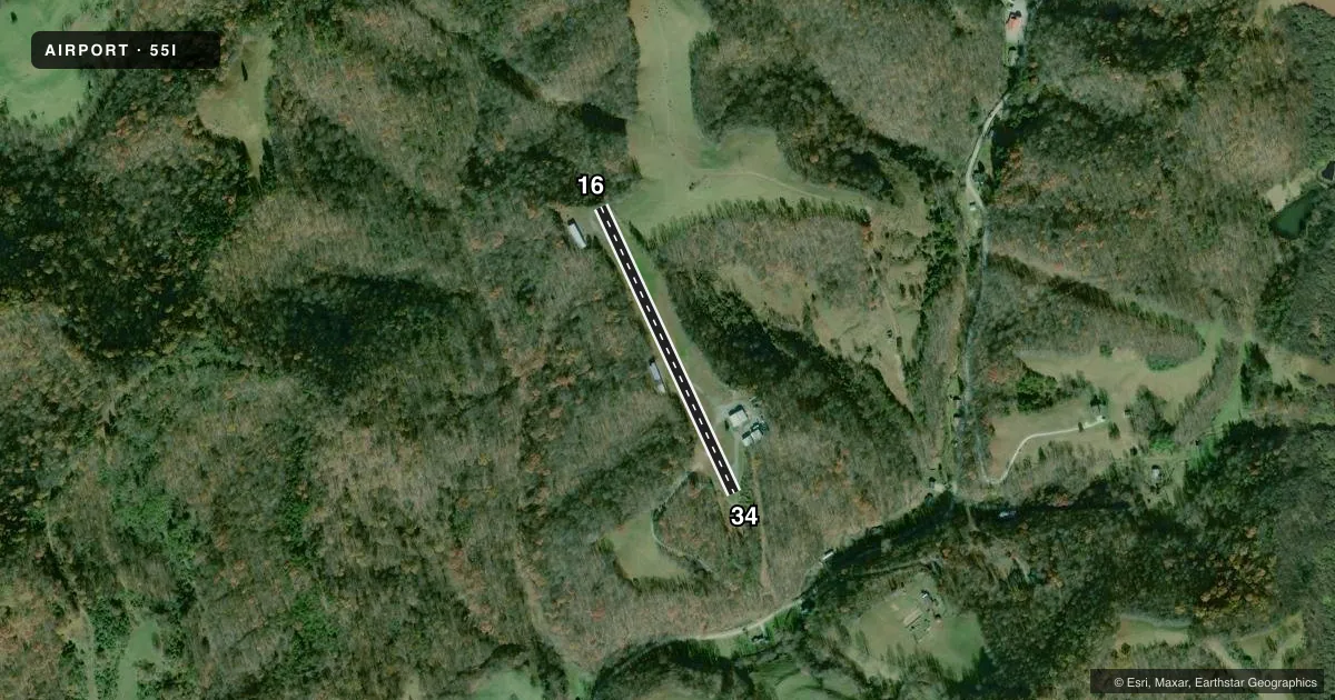 Top-down satellite sketch of 55I SLATE RUN in SPENCER, WEST VIRGINIA, showing runways 16/34 drawn to scale over Esri World Imagery