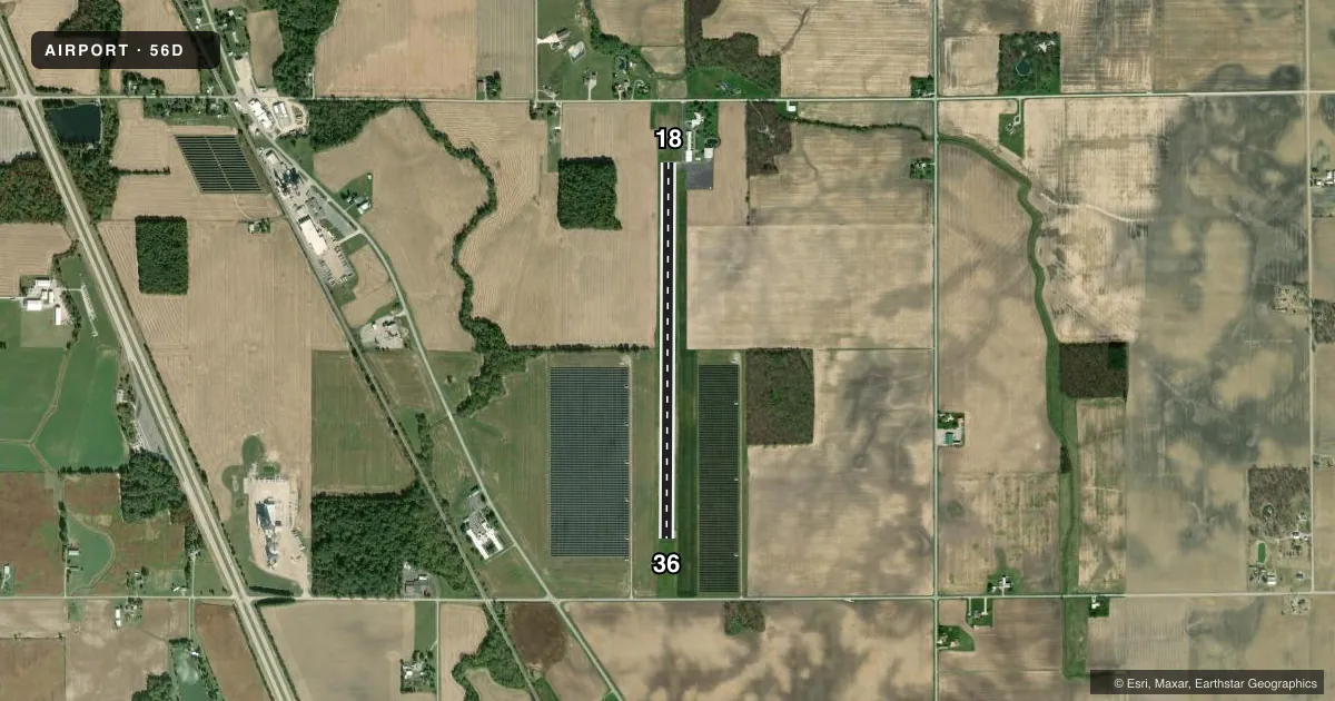 Top-down satellite sketch of 56D WYANDOT COUNTY in UPPER SANDUSKY, OHIO, showing runways 18/36 drawn to scale over Esri World Imagery