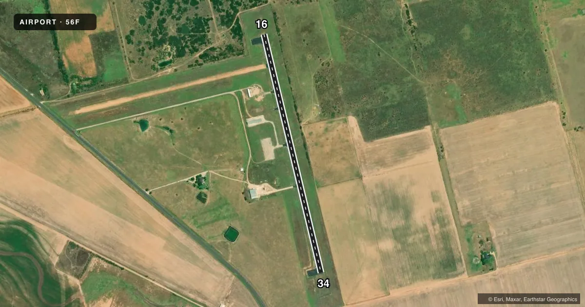 Top-down satellite sketch of 56F FISHER COUNTY in ROTAN/ROBY, TEXAS, showing runways 16/34 drawn to scale over Esri World Imagery