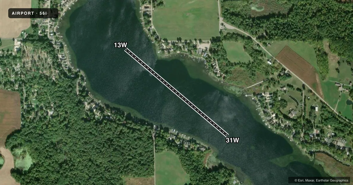 Top-down satellite sketch of 56I BIG LONG LAKE in KENDALLVILLE, INDIANA, showing runways 13W/31W drawn to scale over Esri World Imagery