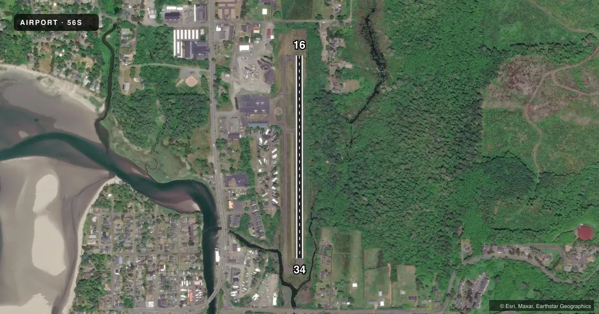 Top-down satellite sketch of 56S SEASIDE MUNI in SEASIDE, OREGON, showing runways 16/34 drawn to scale over Esri World Imagery