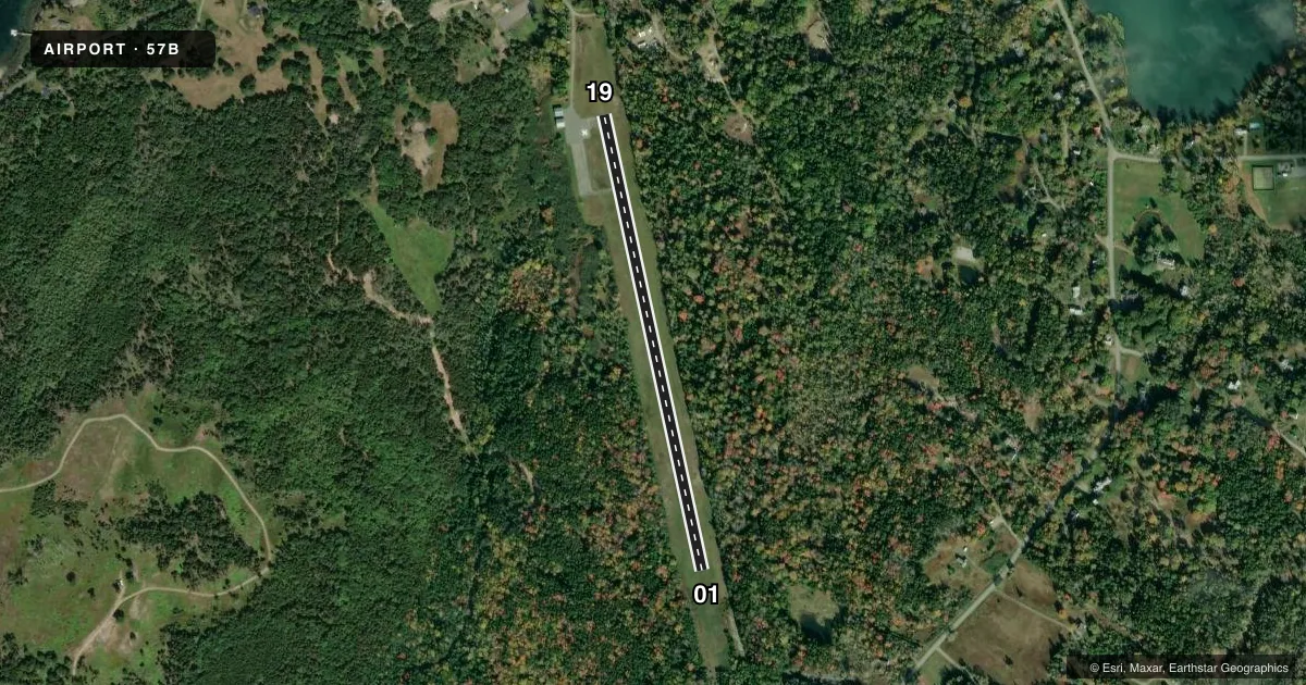 Top-down satellite sketch of 57B ISLESBORO in ISLESBORO, MAINE, showing runways 01/19 drawn to scale over Esri World Imagery