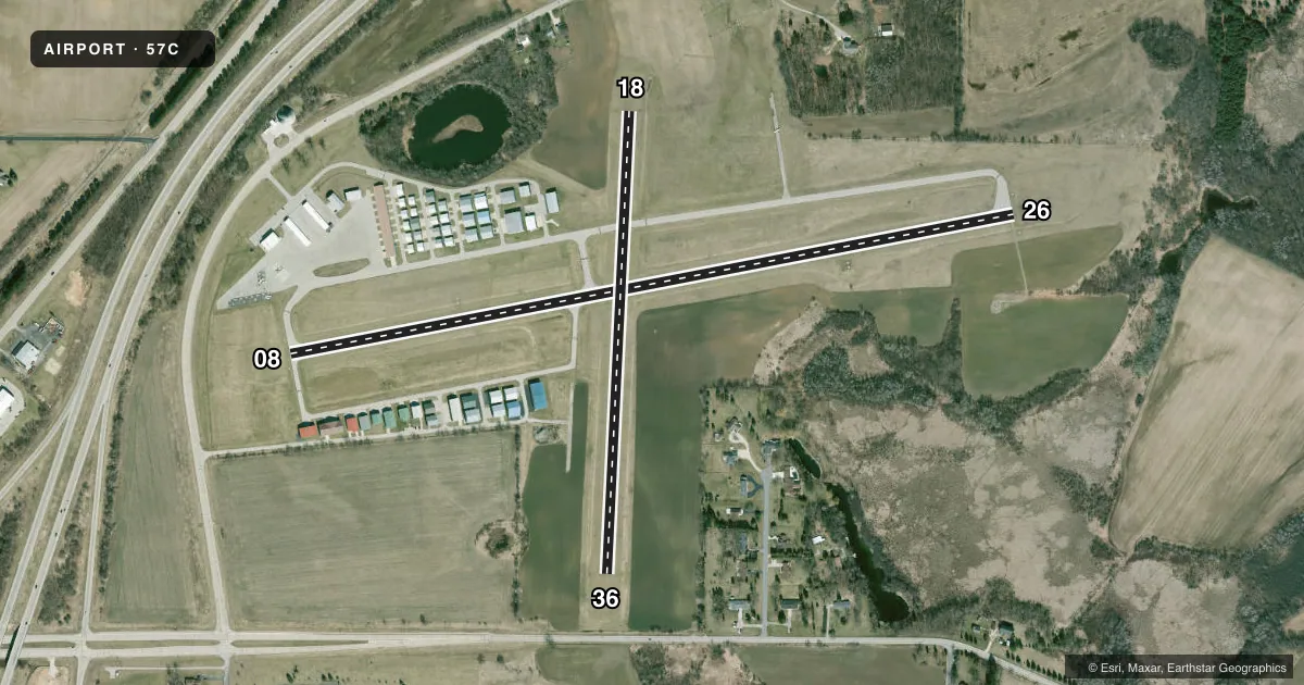 Top-down satellite sketch of 57C EAST TROY MUNI in EAST TROY, WISCONSIN, showing runways 08/26, 18/36 drawn to scale over Esri World Imagery