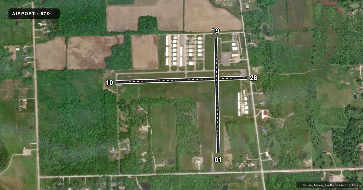 Top-down satellite sketch of 57D RAY COMMUNITY in RAY, MICHIGAN, showing runways 10/28, 01/19 drawn to scale over Esri World Imagery