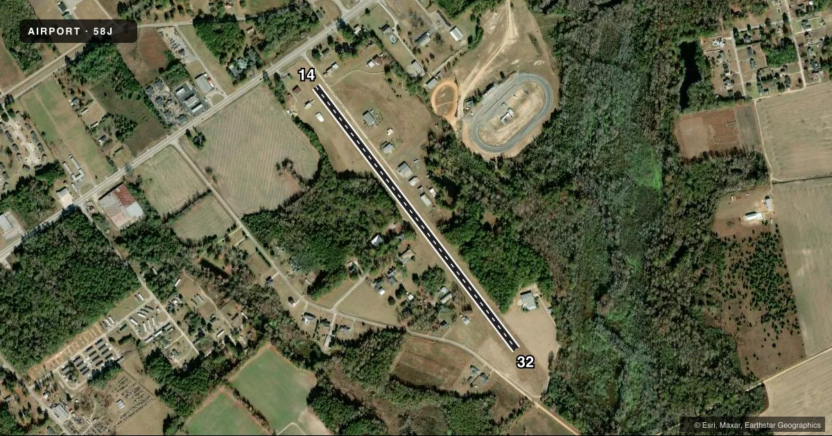 Top-down satellite sketch of 58J HUGGINS MEML in TIMMONSVILLE, SOUTH CAROLINA, showing runways 14/32 drawn to scale over Esri World Imagery