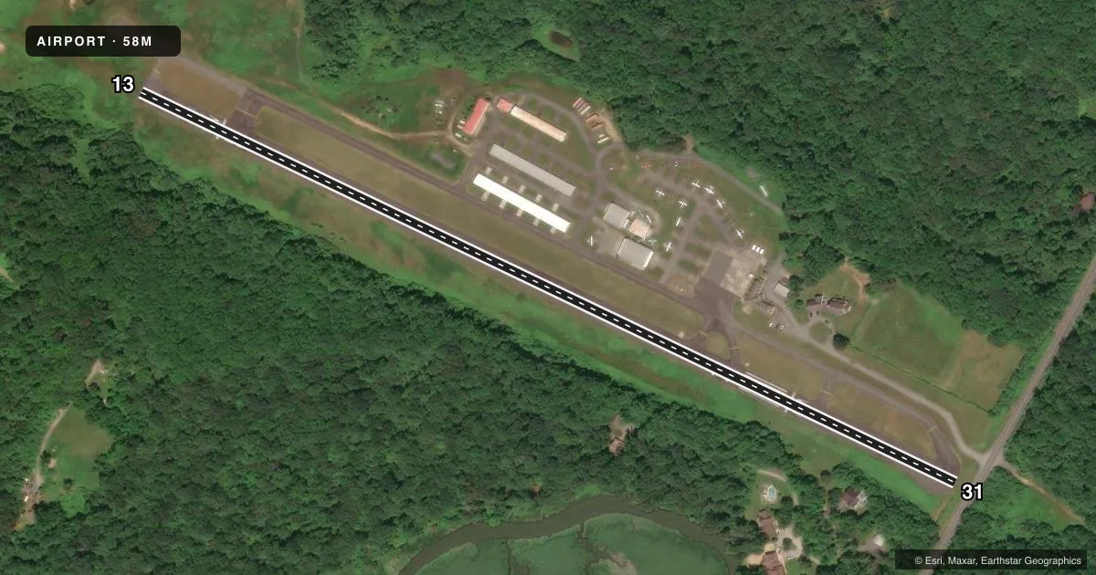Top-down satellite sketch of 58M CLAREMONT in ELKTON, MARYLAND, showing runways 13/31 drawn to scale over Esri World Imagery