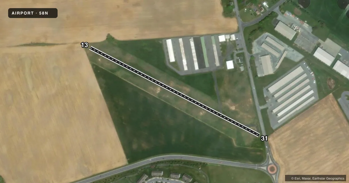 Top-down satellite sketch of 58N REIGLE FLD in PALMYRA, PENNSYLVANIA, showing runways 13/31 drawn to scale over Esri World Imagery
