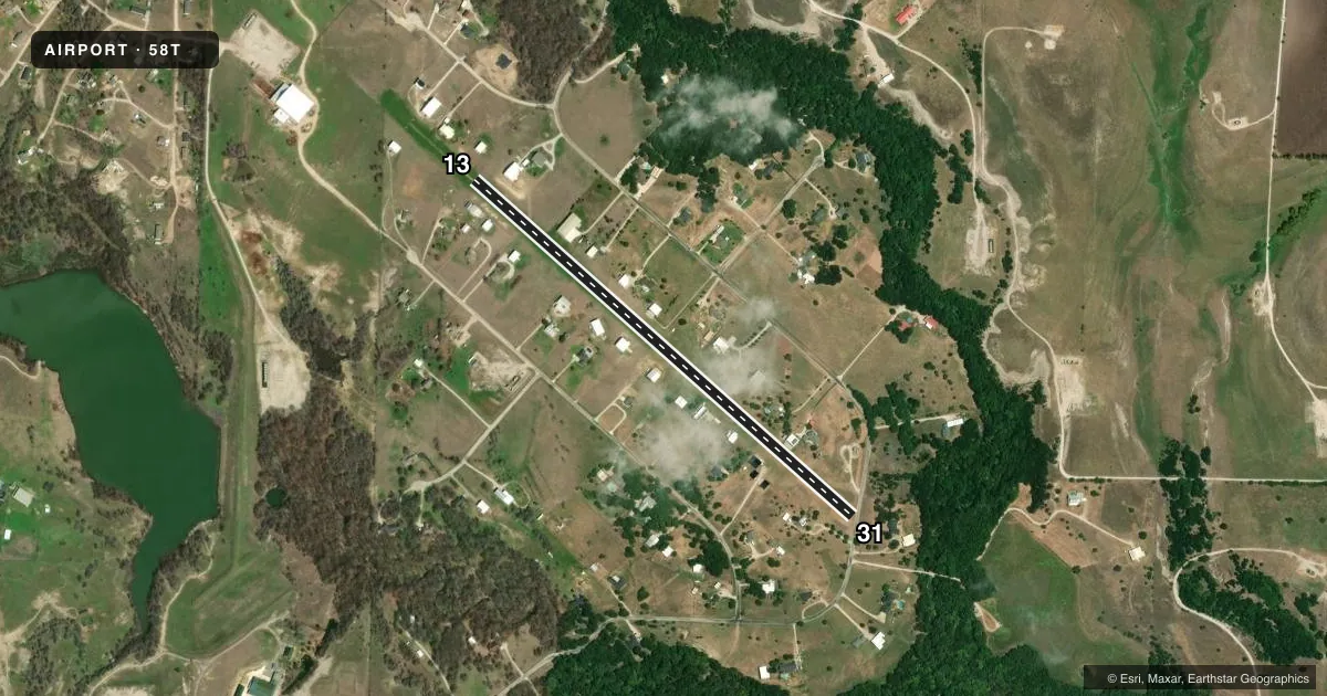 Top-down satellite sketch of 58T HERITAGE CREEK AIRSTRIP in DECATUR, TEXAS, showing runways 13/31 drawn to scale over Esri World Imagery