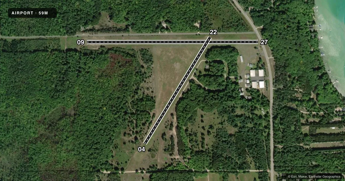 Top-down satellite sketch of 59M TORCHPORT in EASTPORT, MICHIGAN, showing runways 09/27, 04/22 drawn to scale over Esri World Imagery