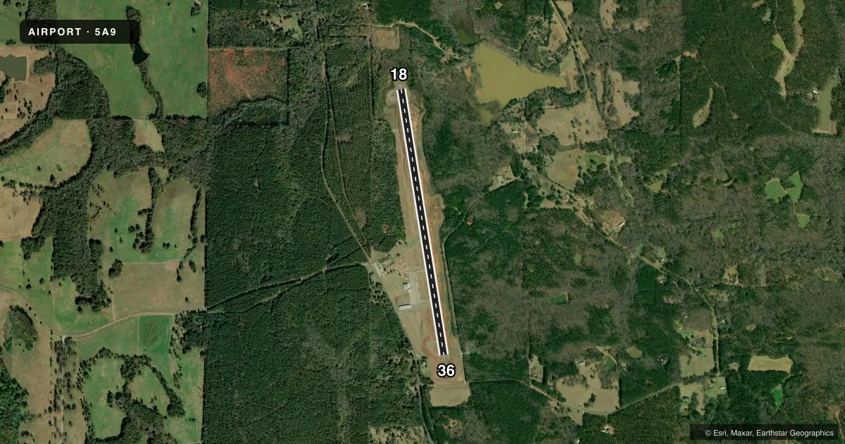 Top-down satellite sketch of 5A9 ROOSEVELT MEML in WARM SPRINGS, GEORGIA, showing runways 18/36 drawn to scale over Esri World Imagery