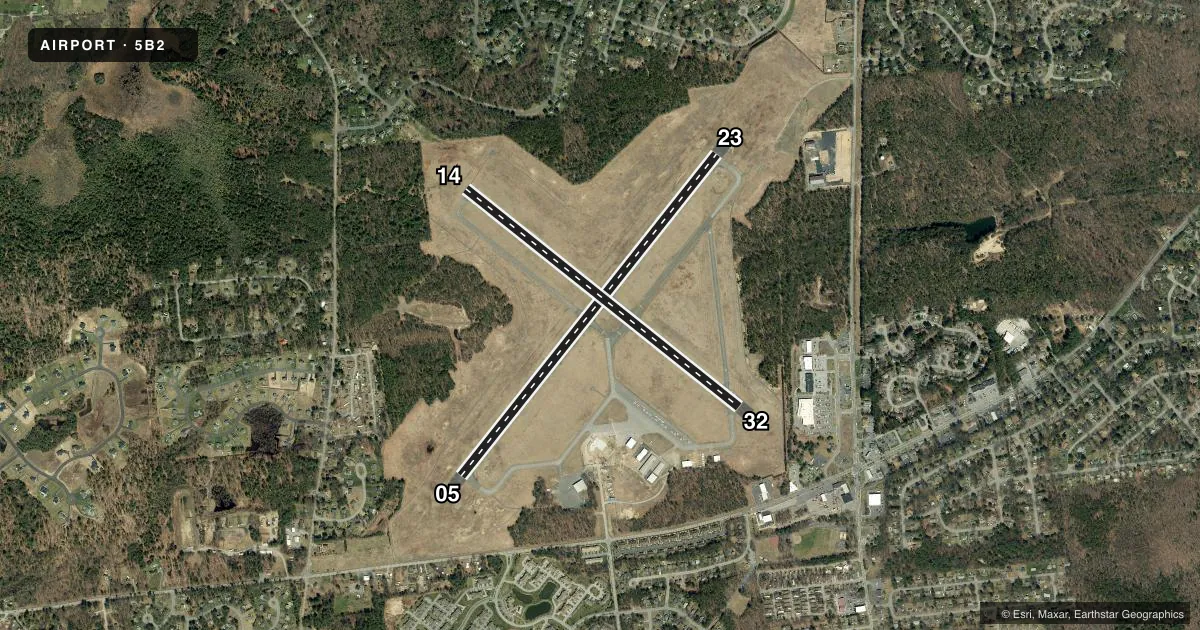 Top-down satellite sketch of 5B2 SARATOGA COUNTY in SARATOGA SPRINGS, NEW YORK, showing runways 05/23, 14/32 drawn to scale over Esri World Imagery