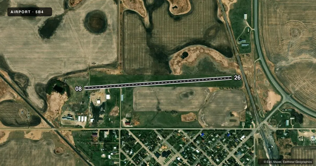 Top-down satellite sketch of 5B4 BOWBELLS MUNI in BOWBELLS, NORTH DAKOTA, showing runways 08/26 drawn to scale over Esri World Imagery