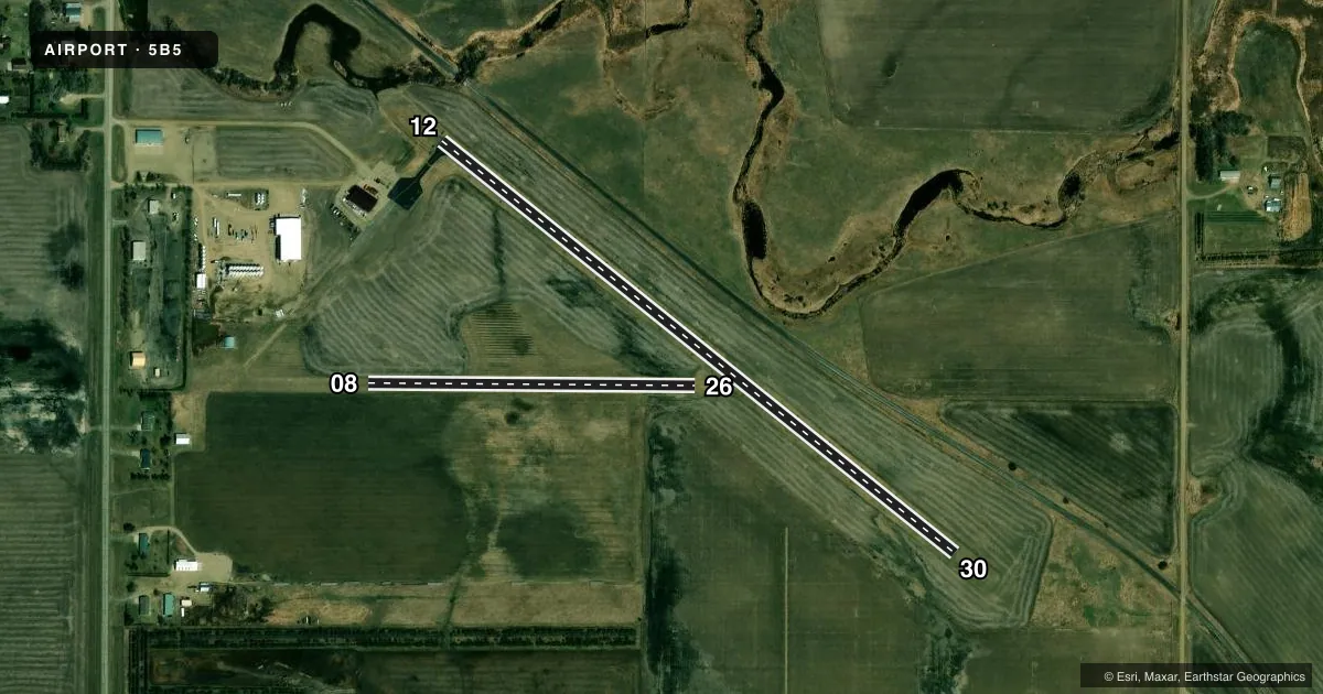 Top-down satellite sketch of 5B5 NAPOLEON MUNI in NAPOLEON, NORTH DAKOTA, showing runways 12/30, 08/26 drawn to scale over Esri World Imagery